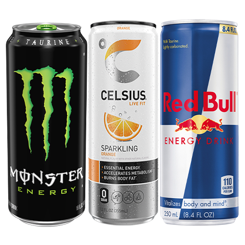 Any 16oz Monster Energy, 8.4oz Red Bull, 12 or 16oz Celsius product
